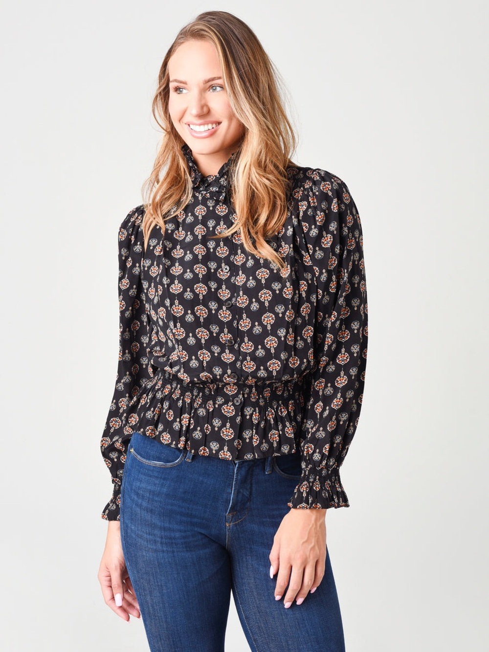 Hunter Bell, Black Floral Smocked Peplum Long-Sleeve Top, Black, M